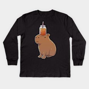 Capybara with Iced Tea on its head Kids Long Sleeve T-Shirt